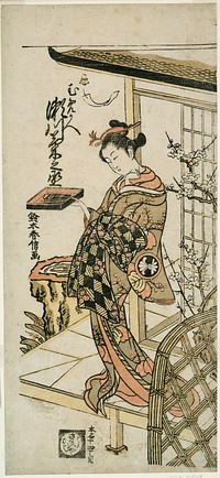 The Actor Segawa Kikunojo II as the courtesan Umegae in the play "Hiragana Seisuiki," performed at the Ichimura Theater in the first month, 1764 by Suzuki Harunobu