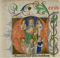 Saints Barbara, Catherine, Andrew, John the Baptist, Lawrence and Thomas à Beckett in a Historiated Initial "E" from a Missal or Breviary