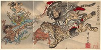 May: Shoki the Demon Queller Riding on a Tiger, Subjugating Goblins, from the series "Of the Twelve Months: the Fifth (Junikagetsu no uchi: gogatsu)" by Kawanabe Kyôsai