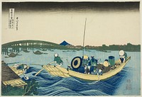 Viewing Sunset over the Ryogoku Bridge from the Onmaya Embankment (Onmayagashi yori Ryogokubashi sekiyo o miru), from the series "Thirty-six Views of Mount Fuji (Fugaku sanjurokkei)" by Katsushika Hokusai