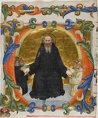 Saint Benedict Presenting his Rule to Benedictine and Cistercian Monks in a Historiated Initial "O" from a Choirbook by Martino di Bartolomeo di Biagio