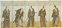 The Actors Ichikawa Monnosuke II as Karigane Bunshichi, Bando Mitsugoro I as An no Heibei, Ichikawa Danjuro V as Gokuin Sen'emon, Nakamura Sukegoro II as Kaminari Shokuro, and Sakata Hangoro II as Hotei Ichiemon (right to left), in "Gonin Otoko" (Five Chivalrous Commoners), an Interlude in Part Two of the Play Hatsumombi Kuruwa Soga (A Soga Drama on the First Festival Day in the Pleasure District), Performed at the Nakamura Theater from the First Day of the Second Month, 1780 by Katsukawa Shunsho