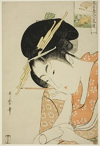 Hanaogi of the Ogiya, from the series "Renowned Beauties Likened to the Six Immortal Poets (Komei bijin rokkasen)" by Kitagawa Utamaro