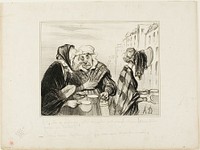 “- What a fuss this sour-face from the fifth floor is making! Wearing a hat just to buy two cups of milk for one sou! - Oh, Madame Capitaine, aren't we fancy today...,” plate 36 Types Parisiens by Honoré-Victorin Daumier