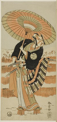 Actors Ichimura Uzaemon IX as Kajiwara Genta no Kagetoki (Left), Segawa Kikunojô II as Yuki Onna (Center), and Arashi Sangorô II as Minamoto no Yoritomo (Right) in “Cotton Wadding of Izu Protecting the Matrimonial Chrysanthemums” (“Miyoto-giku Izu no kisewata”) by Katsukawa Shunsho