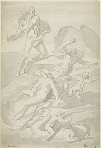 Polyphemus Throwing Boulder at Acis, with Galatea (recto), and Pholyphemus Lifting Boulder (verso) by John William Taverner