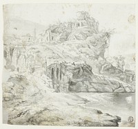 Rocky Promontory with Ruins and Cascades (recto); Sketch of Cliff with Buildings (verso) by Giles Edme Petit