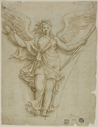 Spandrel Design with Allegorical Figure of Fame (recto); Design for Coat of Arms (verso) by Workshop of Giulio Romano