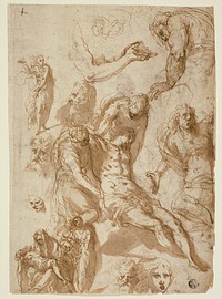 Sketches for a Lamentation and a Pietà, and of Various Figures, Heads, and an Arm (recto); Sketches of the Dead Christ, and of Various Figures and Heads (verso) by Jacopo Palma Il Giovane