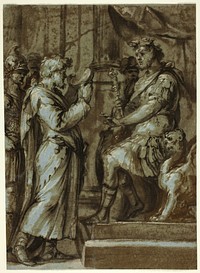 Magician Making a Prediction to an Emperor (recto); Male Nude Carrying a Load (verso) by Unknown Italian