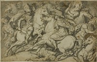Cavalry Skirmish (recto); Kneeling Ecorché (verso) by Francesco Salviati