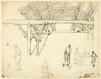 Rejected Study, possibly for an illustration of the Custom House, from Microcosm of London (recto); Sketches of Workers with Barrels (verso) by Augustus Charles Pugin
