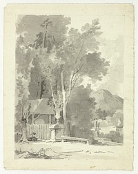 Classical Urn in Front of a Shed, with Temple and Mountain in Background by Pierre Antoine Mongin