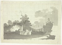 View of the Park at Versailles: Two Sphinxes and a Couple Near a Collonade by Pierre Antoine Mongin