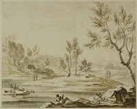 Fisherman and Figures in River Landscape by Follower of Jean Baptiste Claude Chatelain