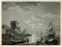 Moonlight Scene in Fishing Port by Unknown artist