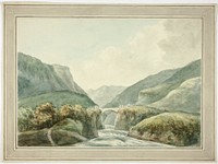 Mountain Town by Bridge Spanning Rapids by Unknown artist (Unknown Amateur)