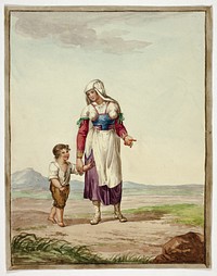 Woman in Native Costume with Boy on Road by Bartolomeo Pinelli