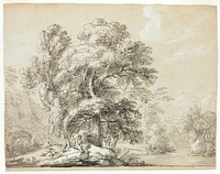 Man and Dog Seated Below Trees by River by Paul Sandby
