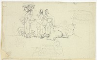 Figures with Market Goods and Three Sketches by William Henry Pyne