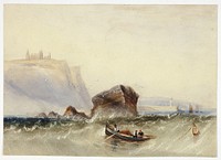 Three Men in Rowboat off Rocky Coast by Circle of Henry Barlow Carter