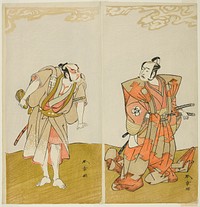 The Actors Bando Mitsugoro I as Hata no Kawakatsu (right), and Otani Hiroemon III as the Manservant (Yakko) Gansuke (left), in the Play Miya-bashira Iwao no Butai (Shrine Pillars on a Stone Base), Performed at the Morita Theater from the Fifteenth Day of the Seventh Month, 1773 by Katsukawa Shunsho