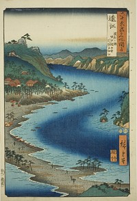 Totomi Province: The Narrow Inlet of Inasa near Kanzan Temple on Hamana Lake at Horie (Totomi, Hamana no umi, Horie Kanzanji, Inasa no hosoe), from the series "Famous Places in the Sixty-odd Provinces (Rokujuyoshu meisho zue)" by Utagawa Hiroshige