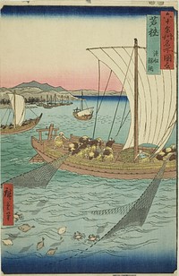Wakasa Province: Fishing Boat Netting Flatfish (Wakasa, gyosen karei ami), from the series "Famous Places in the Sixty-odd Provinces (Rokujuyoshu meisho zue)" by Utagawa Hiroshige