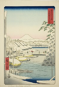 The Riverbank at Sukiya in the Eastern Capital (Toto Sukiyagashi), from the series "Thirty-six Views of Mount Fuji (Fuji sanjurokkei)" by Utagawa Hiroshige