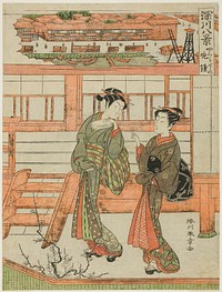 Yagurashita no Bansho (Evening Bell at Yagurashita), Courtesan and Her Attendant at the Yagurashita Unlicensed Pleaser District in Fukagawa, from the series "Fukagawa Hakkei (Eights Views of Fukagawa)" by Katsukawa Shunsho