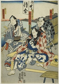 The actors Ichikawa Enzo as Chobei's Son Nagamatsu (R), Ichikawa Ebizo V as Banzui Chobei (C), and Ichikawa Komazo VI as Hanaregoma Shirobei (L) by Utagawa Kunisada I (Toyokuni III)