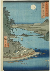 Omi Province: Lake Biwa and Ishiyama Temple (Omi, Biwako Ishiyamadera), from the series "Famous Places in the Sixty-odd Provinces (Rokujuyoshu meisho zue)" by Utagawa Hiroshige