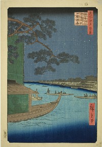 Pine of Success and Oumayagashi, Asakusa River (Asakusagawa shubi no matsu Oumayagashi), from the series "One Hundred Famous Views of Edo (Meisho Edo hyakkei)" by Utagawa Hiroshige