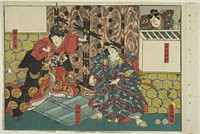 Actors as Fujisawa Shiro, Asari Yoichi, and Hangaku, from an untitled series of half-block images of kabuki scenes by Utagawa Kunisada I (Toyokuni III)