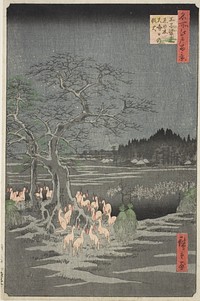 Fox Fires on New Year's Eve at the Changing Tree in Oji (Oji shozoku enoki omisoka no kitsunebi), from the series "One Hundred Famous Views of Edo (Meisho Edo hyakkei)" by Utagawa Hiroshige