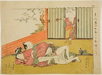 Lovers Interrupted, sheet 18 from the series "Poems of the Husband and Wife Mane'emon (Haikai meoto Mane'emon)" by Isoda Koryusai