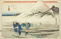 Hara: Mount Fuji in the Morning (Hara, asa no Fuji), from the series "Fifty-three Stations of the Tokaido Road (Tokaido gojusan tsugi no uchi)," also known as the Hoeido Tokaido by Utagawa Hiroshige