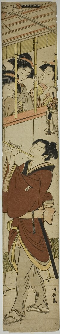Young Man Playing Flute as Three Girls Watch by Torii Kiyonaga