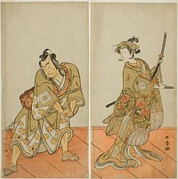 The Actors Segawa Kikunojo III as Aigo no Waka (right), and Ichikawa Yaozo II as Hachio-maru Aratora (left), in the Play Chigo Sakura Jusan Kane, Performed at the Ichimura Theater in the Eleventh Month, 1774 by Katsukawa Shunsho