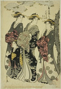 Komurasaki of the Kadotamaya with Attendants Hatsune and Shirabe by Chôbunsai Eishi