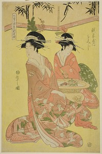 Beauties Parodying the Seven Sages - A Selection of Younger Courtesans (Shichi kenjin yatsushi bijin shinzo zoroe): Momiji of the Echizenya by Chôbunsai Eishi