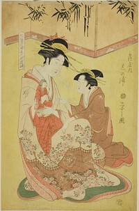 Beauties Parodying the Seven Sages - A Selection of Younger Courtesans (Shichi kenjin yatsushi bijin shinzo zoroe): Shinoura of the Tsuruya by Chôbunsai Eishi