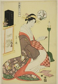 Wakana of the Matsubaya, from the series "Beauties of the Pleasure Quarters as the Six Floral Immortals (Seiro bijin rokkasen)" by Chôbunsai Eishi