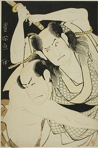 The actors Sawamura Sojuro II as Satsuma Gengobei and Arashi Ryuzo II as Mawashi-otoko Yasuke in the play "Edo Sunago Kichirei Soga," performed at the Miyako Theater on the first month, 1795 by Utagawa Toyokuni I