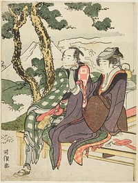 Evening Glow for Date no Yosaku and Seki no Koman, from the untitled series known as "Eight Views of Tragic Lovers (Michiyuki hakkei)" by Katsushika Hokusai