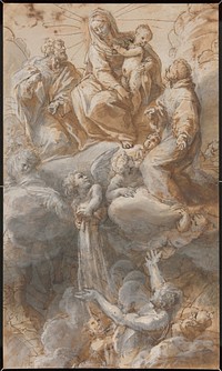 The Virgin and Saint Joseph with Saint Anthony of Padua Seated in the Heavens Interceding for the Souls in Purgatory, While an Angel Pours Fluid from a Vase onto the Crowd Below (recto and verso) by Pietro Antonio di Pietri