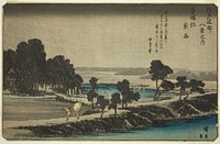 Evening Rain at Azuma Shrine (Azuma no mori yau), from the series "Eight Views in the Environs of Edo (Edo Kinko hakkei no uchi)" by Utagawa Hiroshige