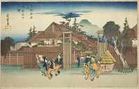 The Willow Tree at the Gate of Shimabara Pleasure Quarter (Shimabara deguchi no yanagi), from the series “Famous Views of Kyoto (Kyoto meisho no uchi)" by Utagawa Hiroshige