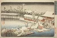 The Compound of the Tenman Shrine at Kameido in the Snow (Kameido Tenmangu keidai no yuki), from the series "Famous Places in the Eastern Capital (Toto meisho)" by Utagawa Hiroshige