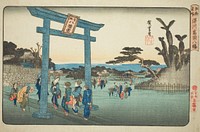 The Tomigaoka Hachiman Shrine at Fukagawa (Fukagawa Tomigaoka Hachiman), from the series "Famous Places in Edo (Koto meisho)" by Utagawa Hiroshige